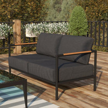 Lea Indoor/Outdoor Loveseat with Cushions-Modern Aluminum Framed Loveseat with Teak Accent Arms, Black with Charcoal Cushions [FLF-GM-201027-2S-CH-GG]