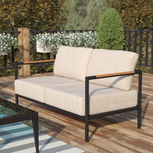 Lea Indoor/Outdoor Patio Loveseat with Cushions-Modern Aluminum Framed Loveseat with Teak Accent Arms, Black with Beige Cushions [FLF-GM-201027-2S-GY-GG]