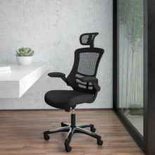 High-Back Black Mesh Swivel Ergonomic Executive Office Chair with Flip-Up Arms and Adjustable Headrest, BIFMA Certified  [FLF-BL-X-5H-GG]