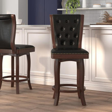30'' High Cherry Wood Barstool with Button Tufted Back and Black LeatherSoft Swivel Seat [FLF-TA-240130-CHY-GG]