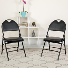 2 Pack HERCULES Series Ultra-Premium Triple Braced Black Vinyl Metal Folding Chair with Easy-Carry Handle [FLF-2-HA-MC705AV-3-BK-GG]