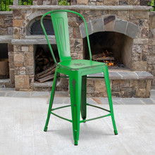 Commercial Grade 24" High Distressed Green Metal Indoor-Outdoor Counter Height Stool with Back [FLF-ET-3534-24-GN-GG]