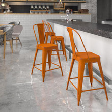 Commercial Grade 24" High Distressed Orange Metal Indoor-Outdoor Counter Height Stool with Back [FLF-ET-3534-24-OR-GG]