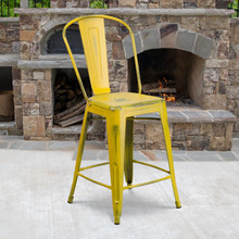 Commercial Grade 24" High Distressed Yellow Metal Indoor-Outdoor Counter Height Stool with Back [FLF-ET-3534-24-YL-GG]