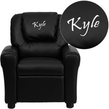 Personalized Black LeatherSoft Kids Recliner with Cup Holder and Headrest [FLF-DG-ULT-KID-BK-TXTEMB-GG]