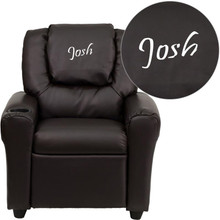 Personalized Brown LeatherSoft Kids Recliner with Cup Holder and Headrest [FLF-DG-ULT-KID-BRN-TXTEMB-GG]