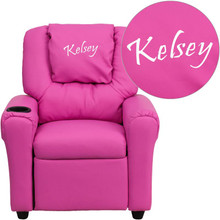 Personalized Hot Pink Vinyl Kids Recliner with Cup Holder and Headrest [FLF-DG-ULT-KID-HOT-PINK-TXTEMB-GG]