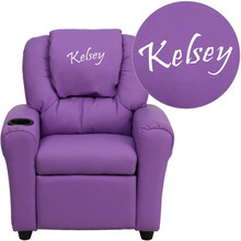 Personalized Lavender Vinyl Kids Recliner with Cup Holder and Headrest [FLF-DG-ULT-KID-LAV-TXTEMB-GG]