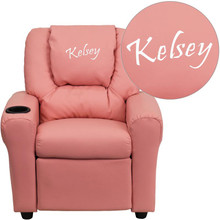 Personalized Pink Vinyl Kids Recliner with Cup Holder and Headrest [FLF-DG-ULT-KID-PINK-TXTEMB-GG]