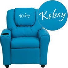 Personalized Turquoise Vinyl Kids Recliner with Cup Holder and Headrest [FLF-DG-ULT-KID-TURQ-TXTEMB-GG]