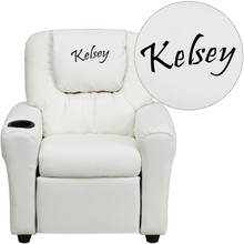 Personalized White Vinyl Kids Recliner with Cup Holder and Headrest [FLF-DG-ULT-KID-WHITE-TXTEMB-GG]