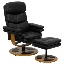 Contemporary Multi-Position Recliner and Ottoman with Wood Base in Black LeatherSoft [FLF-BT-7828-PILLOW-GG]