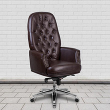 High Back Traditional Tufted Brown LeatherSoft Multifunction Executive Swivel Ergonomic Office Chair with Arms [FLF-BT-90269H-BN-GG]