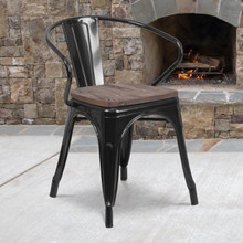 Black Metal Chair with Wood Seat and Arms [FLF-CH-31270-BK-WD-GG]