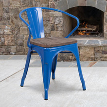 Blue Metal Chair with Wood Seat and Arms [FLF-CH-31270-BL-WD-GG]