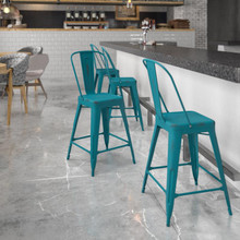 Commercial Grade 24" High Distressed Kelly Blue-Teal Metal Indoor-Outdoor Counter Height Stool with Back [FLF-ET-3534-24-KB-GG]
