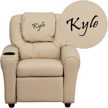 Personalized Beige Vinyl Kids Recliner with Cup Holder and Headrest [FLF-DG-ULT-KID-BGE-TXTEMB-GG]