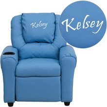 Personalized Light Blue Vinyl Kids Recliner with Cup Holder and Headrest [FLF-DG-ULT-KID-LTBLUE-TXTEMB-GG]