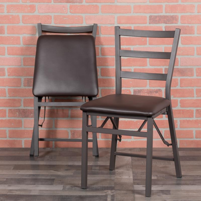 2 Pack HERCULES Series Brown Folding Ladder Back Metal Chair with