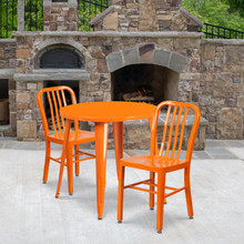 Commercial Grade 30" Round Orange Metal Indoor-Outdoor Table Set with 2 Vertical Slat Back Chairs [FLF-CH-51090TH-2-18VRT-OR-GG]
