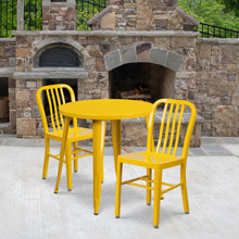 Commercial Grade 30" Round Yellow Metal Indoor-Outdoor Table Set with 2 Vertical Slat Back Chairs [FLF-CH-51090TH-2-18VRT-YL-GG]