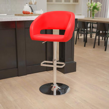 Contemporary Red Vinyl Adjustable Height Barstool with Rounded Mid-Back and Chrome Base [FLF-CH-122070-RED-GG]