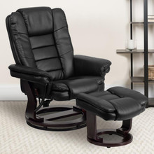 Contemporary Multi-Position Recliner with Horizontal Stitching and Ottoman with Swivel Mahogany Wood Base in Black LeatherSoft [FLF-BT-7818-BK-GG]