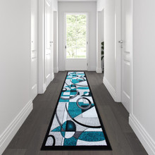 Elias Collection 3' x 10' Turquoise Geometric Abstract Area Rug - Olefin Rug with Jute Backing - Hallway, Entryway, or Bedroom [FLF-KP-RG950-310-TQ-GG]