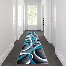 Atlan Collection 3' x 10' Turquoise Abstract Area Rug - Olefin Rug with Jute Backing - Entryway, Living Room or Bedroom [FLF-KP-RG951-310-TQ-GG]