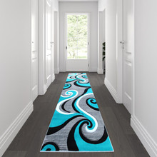 Athos Collection 3' x 10' Turquoise Abstract Area Rug - Olefin Rug with Jute Backing - Hallway, Entryway, or Bedroom [FLF-KP-RG952-310-TQ-GG]