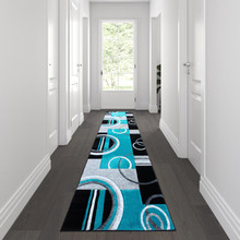 Audra Collection 3' x 10' Turquoise Abstract Area Rug - Olefin Rug with Jute Backing - Entryway, Living Room, or Bedroom [FLF-KP-RG953-310-TQ-GG]