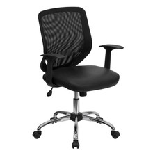Mid-Back Black Mesh Tapered Back Swivel Task Office Chair with LeatherSoft Seat, Chrome Base and T-Arms [FLF-LF-W95-LEA-BK-GG]
