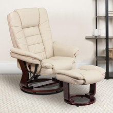 Contemporary Multi-Position Recliner with Horizontal Stitching and Ottoman with Swivel Mahogany Wood Base in Beige LeatherSoft [FLF-BT-7818-BGE-GG]