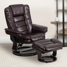 Contemporary Multi-Position Recliner with Horizontal Stitching and Ottoman with Swivel Mahogany Wood Base in Brown LeatherSoft [FLF-BT-7818-BN-GG]