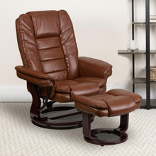 Contemporary Multi-Position Recliner with Horizontal Stitching and Ottoman with Swivel Mahogany Wood Base in Brown Vintage Leather [FLF-BT-7818-VIN-GG]