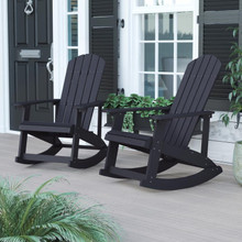 Savannah All-Weather Poly Resin Wood Adirondack Rocking Chair with Rust Resistant Stainless Steel Hardware in Black - Set of 2 [FLF-JJ-C14705-BK-2-GG]