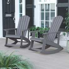 Savannah All-Weather Poly Resin Wood Adirondack Rocking Chair with Rust Resistant Stainless Steel Hardware in Gray - Set of 2 [FLF-JJ-C14705-GY-2-GG]