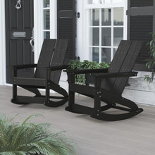 Finn Modern All-Weather 2-Slat Poly Resin Rocking Adirondack Chair with Rust Resistant Stainless Steel Hardware in Black - Set of2 [FLF-JJ-C14709-BK-2-GG]