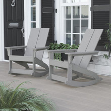 Finn Modern All-Weather 2-Slat Poly Resin Rocking Adirondack Chair with Rust Resistant Stainless Steel Hardware in Gray - Set of2 [FLF-JJ-C14709-GY-2-GG]