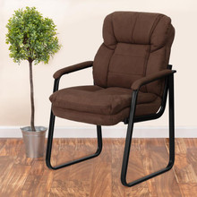 Brown Microfiber Executive Side Reception Chair with Lumbar Support and Sled Base [FLF-GO-1156-BN-GG]