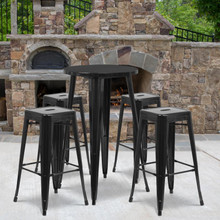 Commercial Grade 24" Round Black Metal Indoor-Outdoor Bar Table Set with 4 Square Seat Backless Stools [FLF-CH-51080BH-4-30SQST-BK-GG]