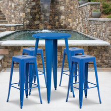 Commercial Grade 24" Round Blue Metal Indoor-Outdoor Bar Table Set with 4 Square Seat Backless Stools [FLF-CH-51080BH-4-30SQST-BL-GG]
