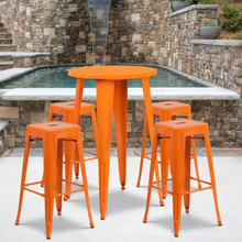 Commercial Grade 24" Round Orange Metal Indoor-Outdoor Bar Table Set with 4 Square Seat Backless Stools [FLF-CH-51080BH-4-30SQST-OR-GG]