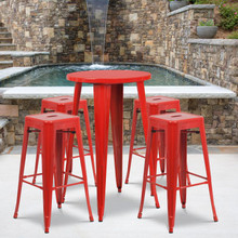 Commercial Grade 24" Round Red Metal Indoor-Outdoor Bar Table Set with 4 Square Seat Backless Stools [FLF-CH-51080BH-4-30SQST-RED-GG]