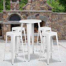 Commercial Grade 24" Round White Metal Indoor-Outdoor Bar Table Set with 4 Square Seat Backless Stools [FLF-CH-51080BH-4-30SQST-WH-GG]