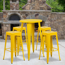 Commercial Grade 24" Round Yellow Metal Indoor-Outdoor Bar Table Set with 4 Square Seat Backless Stools [FLF-CH-51080BH-4-30SQST-YL-GG]