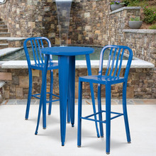 Commercial Grade 24" Round Blue Metal Indoor-Outdoor Bar Table Set with 2 Vertical Slat Back Stools [FLF-CH-51080BH-2-30VRT-BL-GG]