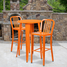 Commercial Grade 24" Round Orange Metal Indoor-Outdoor Bar Table Set with 2 Vertical Slat Back Stools [FLF-CH-51080BH-2-30VRT-OR-GG]