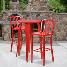 Commercial Grade 24" Round Red Metal Indoor-Outdoor Bar Table Set with 2 Vertical Slat Back Stools [FLF-CH-51080BH-2-30VRT-RED-GG]