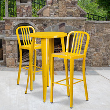 Commercial Grade 24" Round Yellow Metal Indoor-Outdoor Bar Table Set with 2 Vertical Slat Back Stools [FLF-CH-51080BH-2-30VRT-YL-GG]